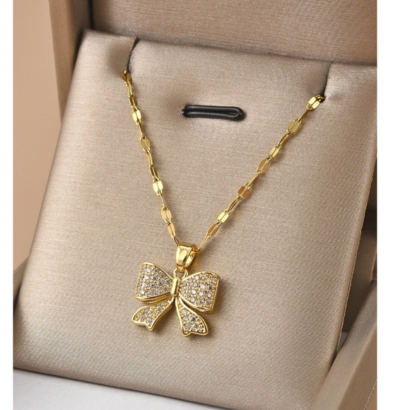 Dainty Stainless Steel Rhinestone Bow Necklace - Picture 2 of 5